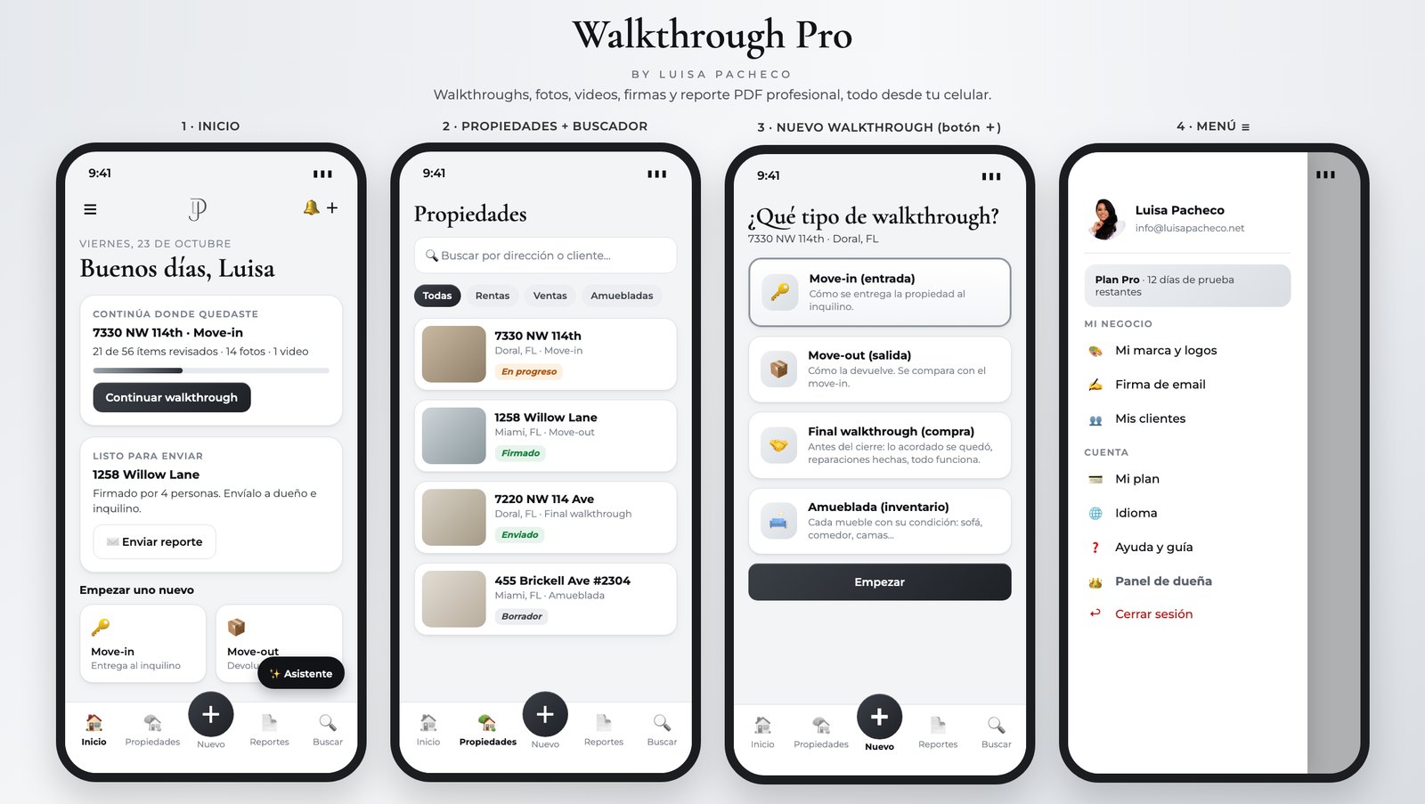 Cuatro pantallas de la app Walkthrough Pro: inicio, propiedades, nuevo walkthrough y menú