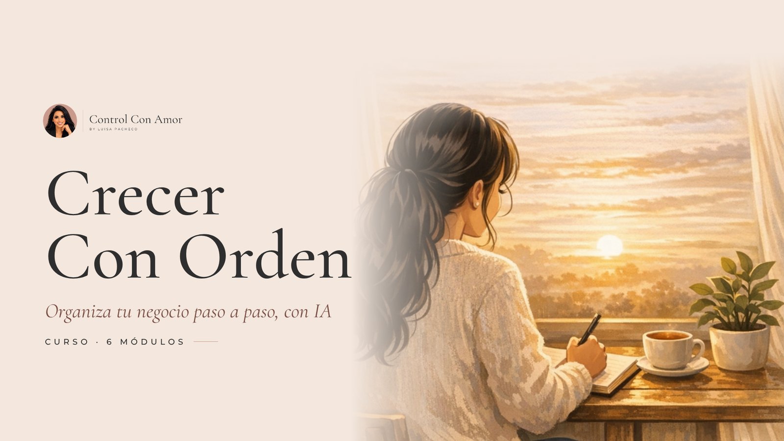 Portada del curso Crecer Con Orden de Control Con Amor: mujer escribiendo en su libreta frente a una ventana al atardecer